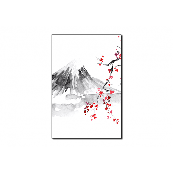 Obraz na plátně - Tradiční sumi-e obraz: sakura, slunce a hory - obdélník